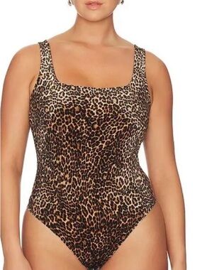 Good American Velvet Leopard Bodysuit M Square Neck Thong Cheetah Print Stretch